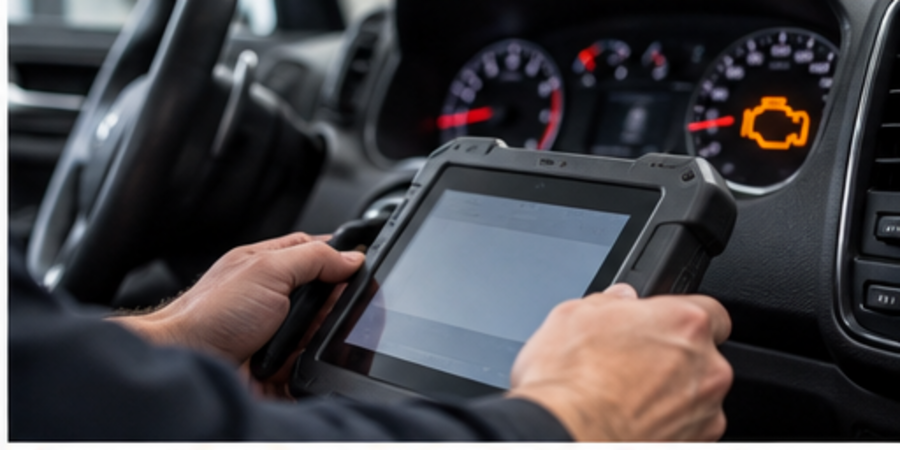 Technician using a diagnostic scanner near a dashboard check engine light