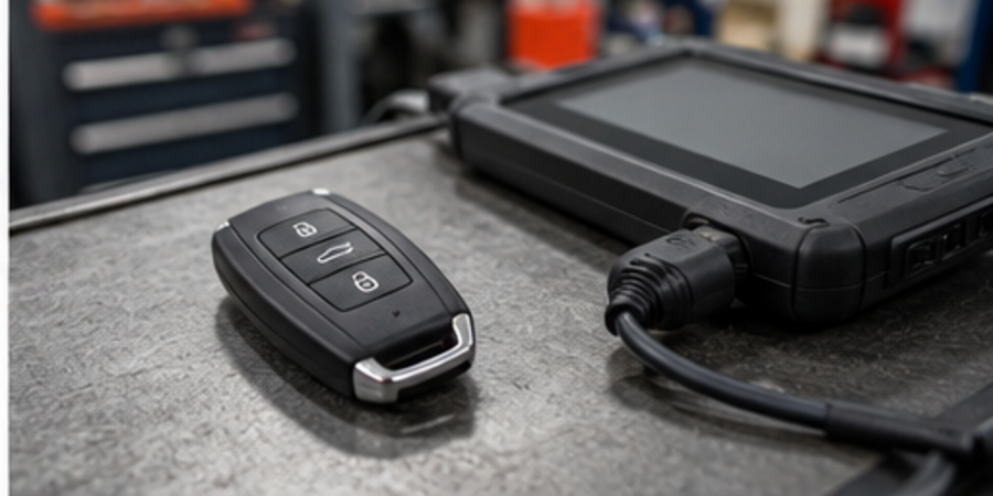 Vehicle key fob and programming device on an auto repair workbench